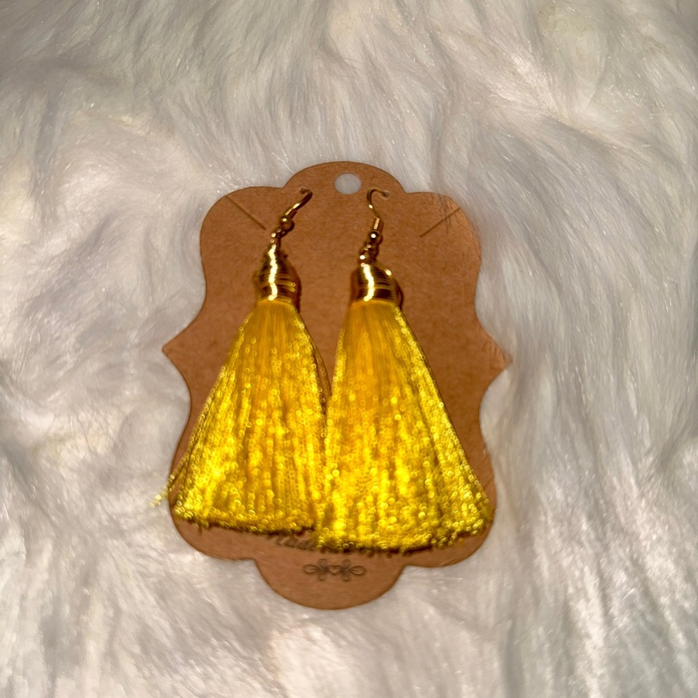 Handmade Tassel Statement Earrings 3” Boho Fringe Gold Hook – Yellow Tassel